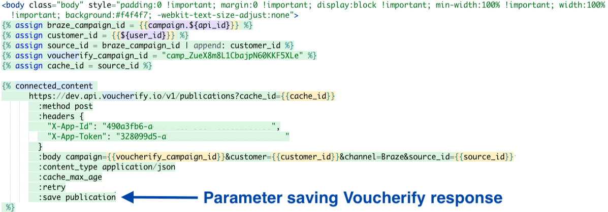 Connected Content script showing to save a Voucherify response at the end of the Connected Content call