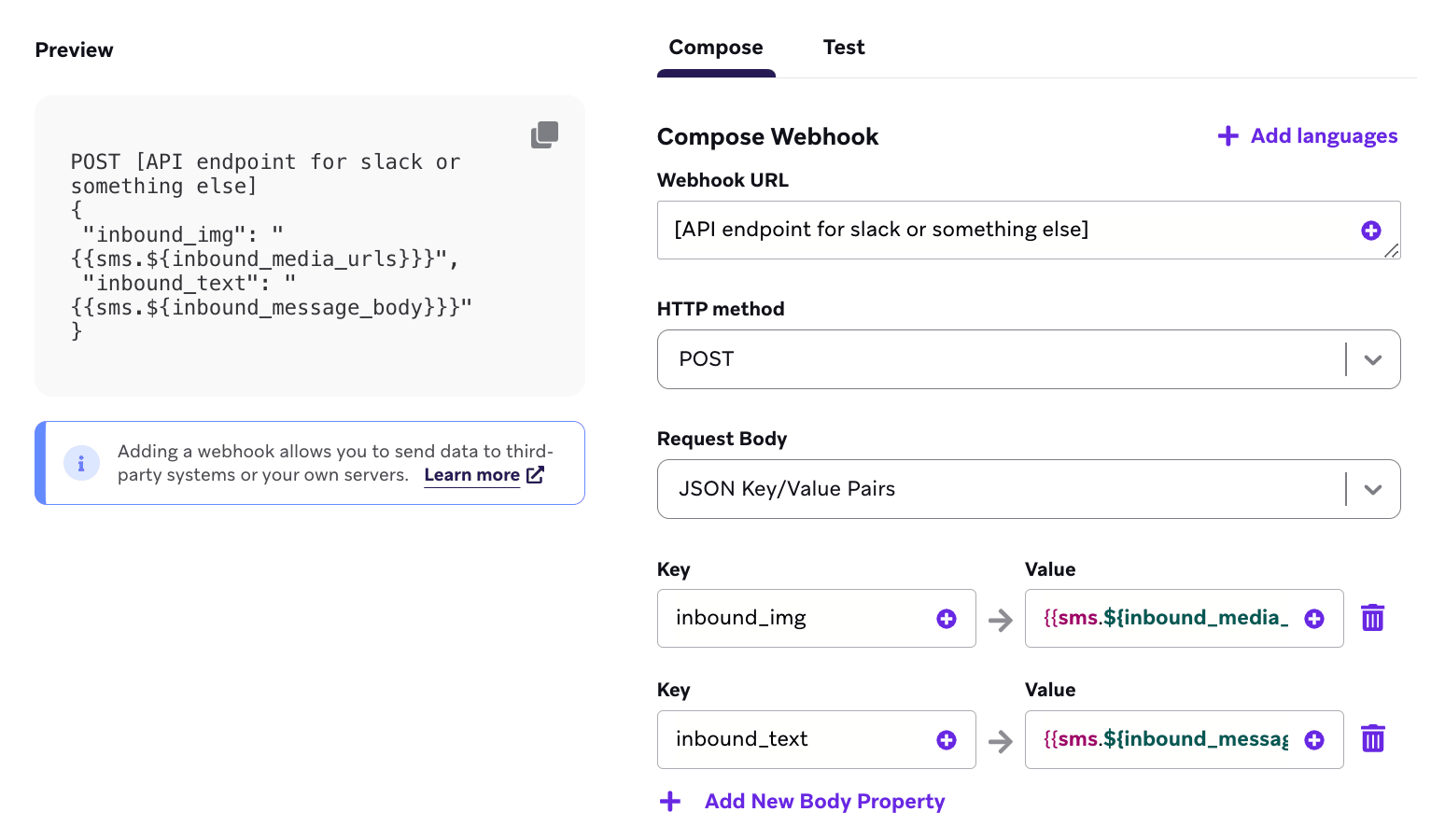 요청 본문은 JSON 키-값 페어로 설정됩니다.