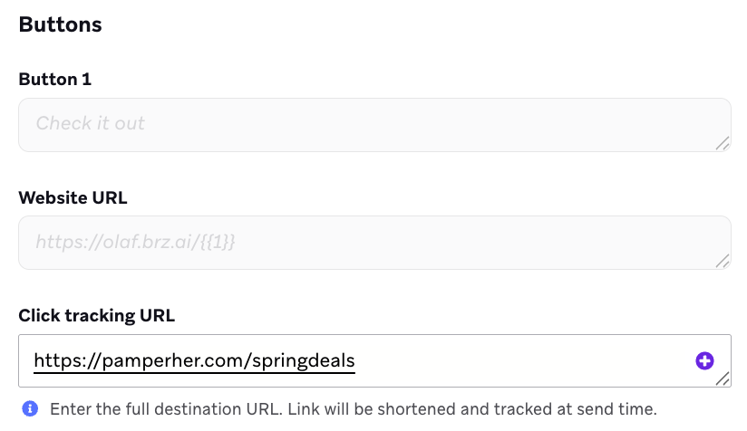 "버튼 이름, 웹사이트 URL, 클릭 추적 URL 필드가 있는 '버튼' 섹션입니다.