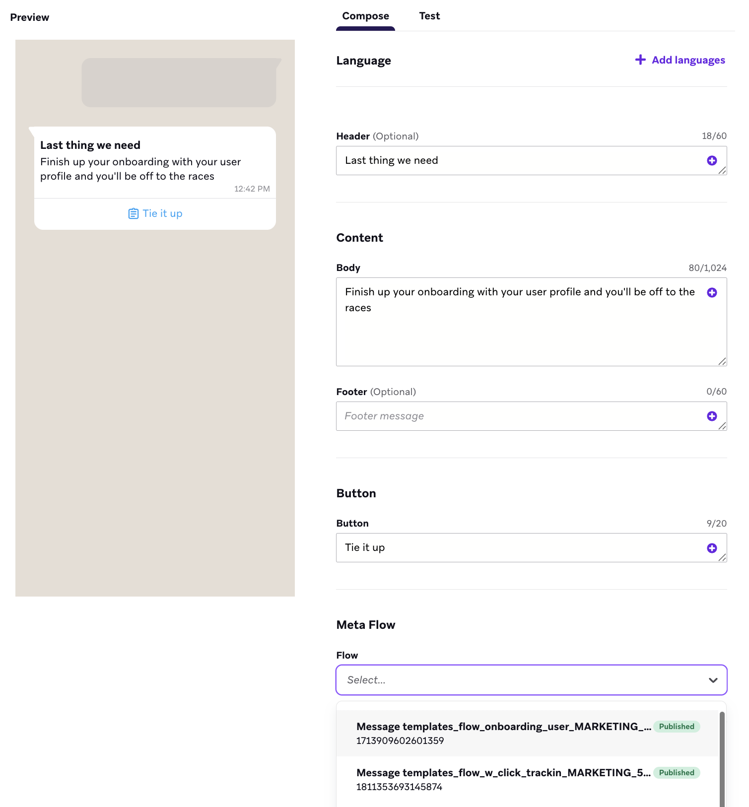 플로우를 선택하기 위한 확장된 드롭다운이 있는 플로우 메시지 응답 작성기입니다.