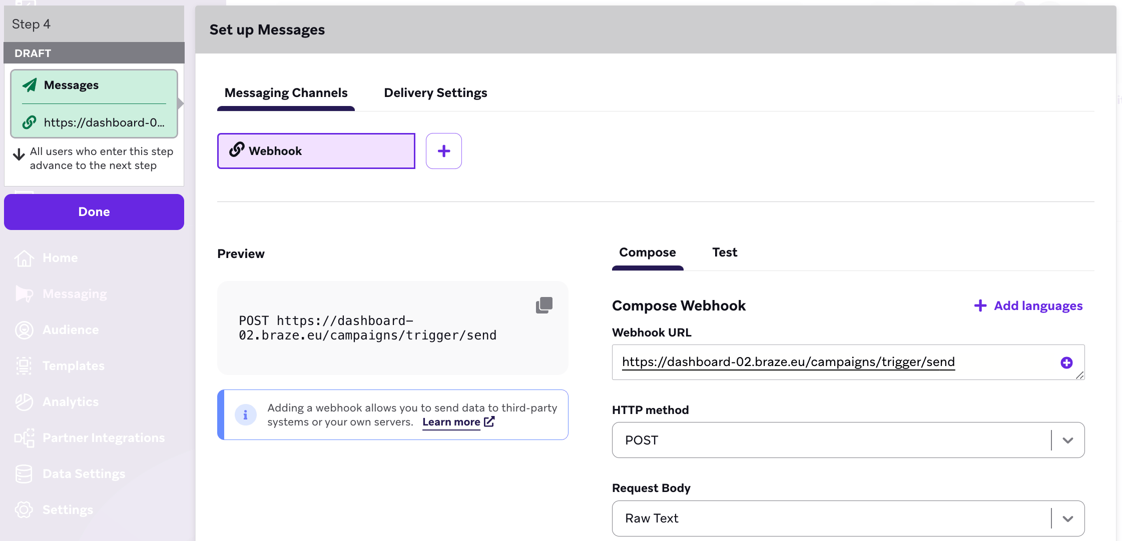 Message step for a webhook.