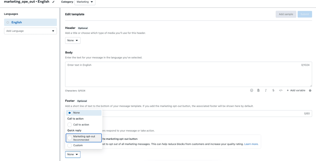 Message template with a footer option of "Marketing opt-out"