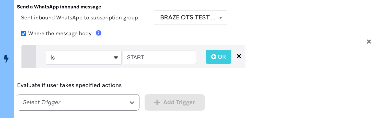 A WhatsApp message step where the message body is "START".