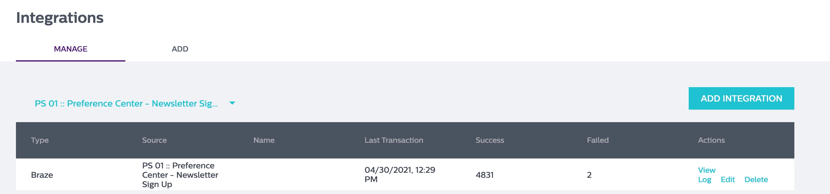 The "View Log" link found under the actions header.