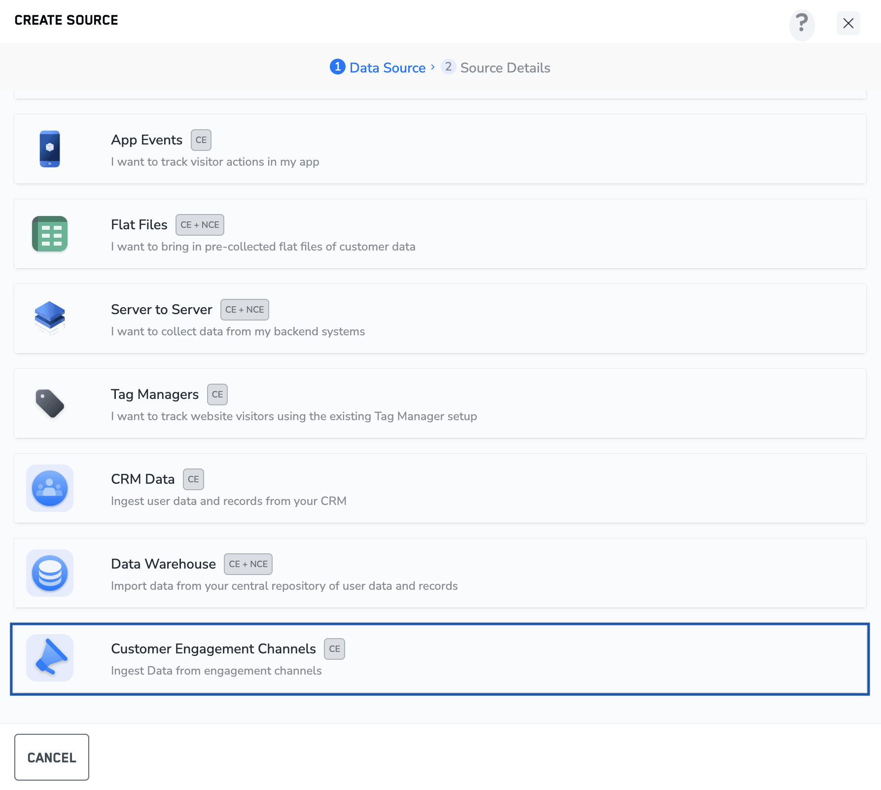 '고객 참여 채널'을 포함한 다양한 카테고리가 나열된 '소스 만들기' 창입니다.
