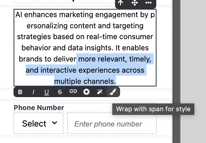 인앱 메시지에서 텍스트를 강조 표시할 때 표시되는 옵션입니다. 작은 페인트 브러시 아이콘은 스팬으로 스타일을 지정할 수 있음을 나타냅니다.