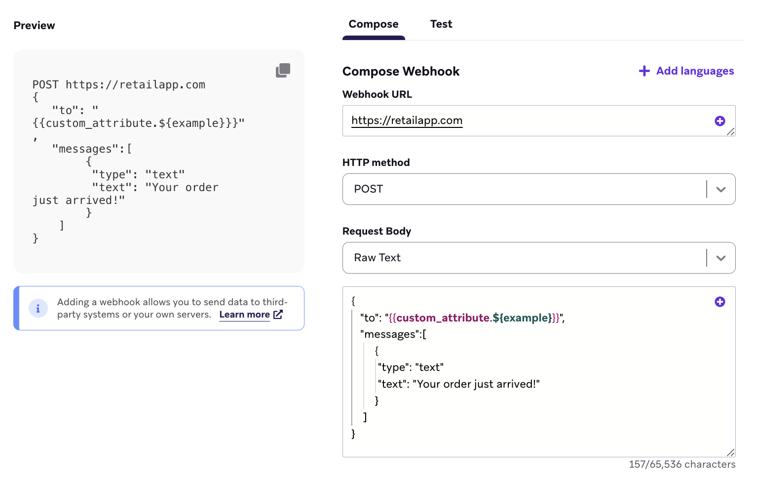 Liquid를 사용한 원시 텍스트가 포함된 요청 본문 예시입니다.