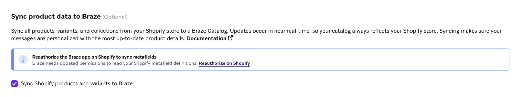 Banner solicitando a reautorização do app Braze Shopify.