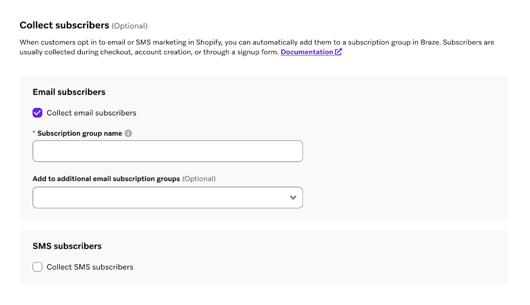 Seção "Collect subscribers" (Coletar assinantes) com opção para coletar aceitação de marketing por e-mail ou SMS.