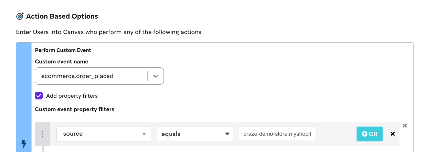 Uma Canvas baseada em ação com um disparador para entrar usuários que realizam o evento personalizado `ecommerce.order_placed`.