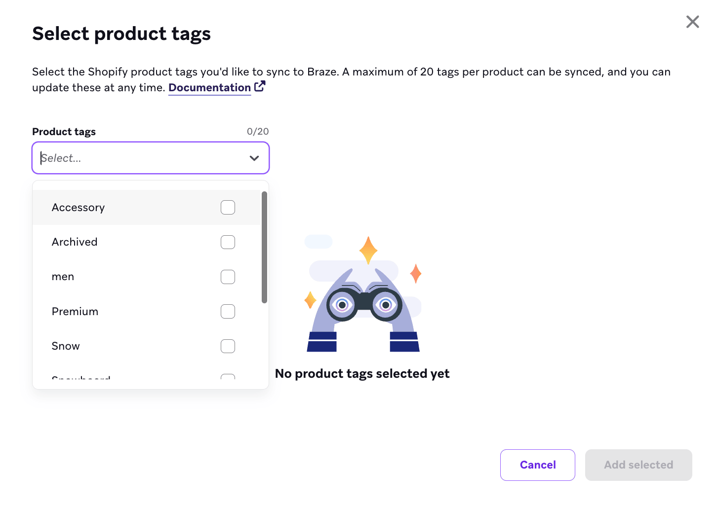 Modal de seleção de tags de produtos com uma seleção de tags.
