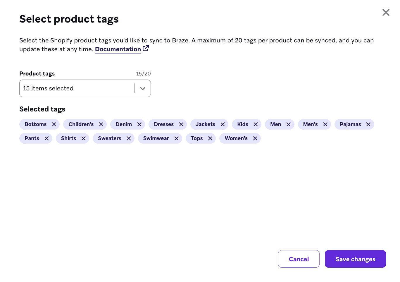 Modal para selecionar tags de produtos da Shopify, com 15 tags relacionadas a roupas selecionadas, incluindo "Women's".