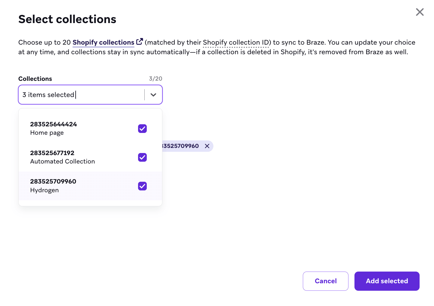 Modal para selecionar coleções em um menu suspenso.