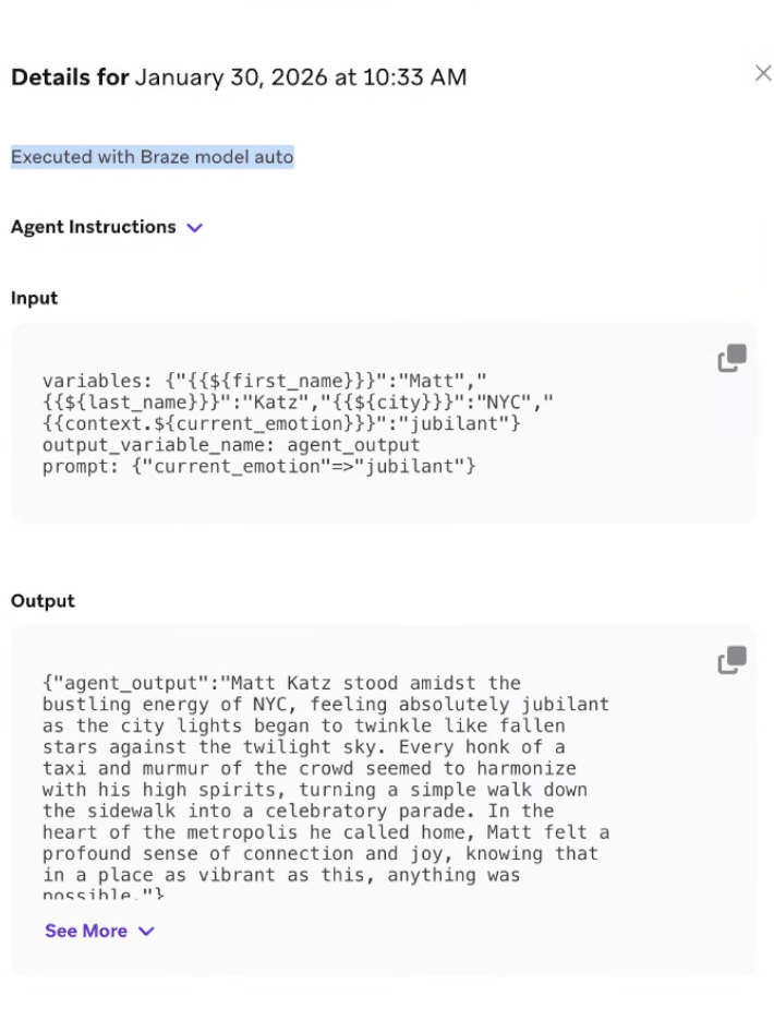 Os detalhes de um agente que tenha Liquid em suas instruções.
