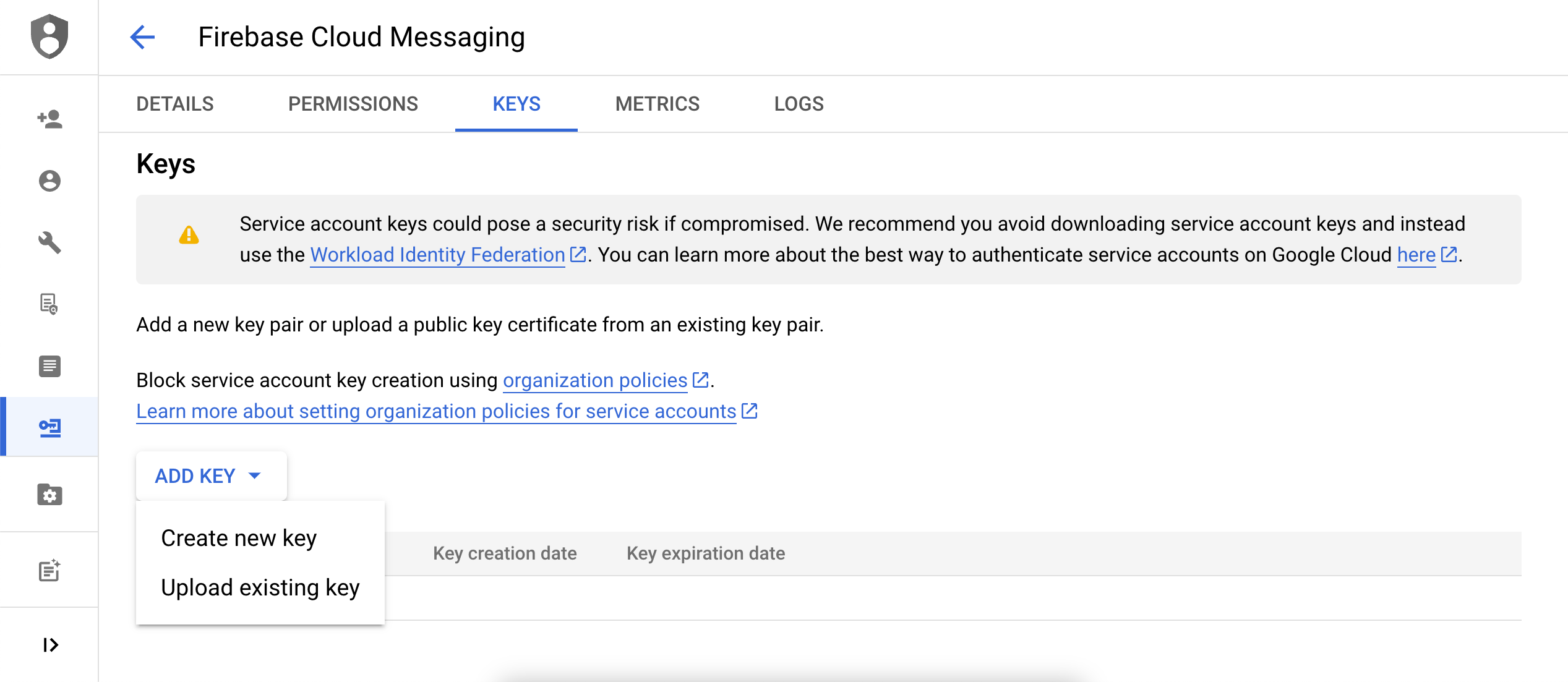 The selected service account with the "Add Key" menu open.