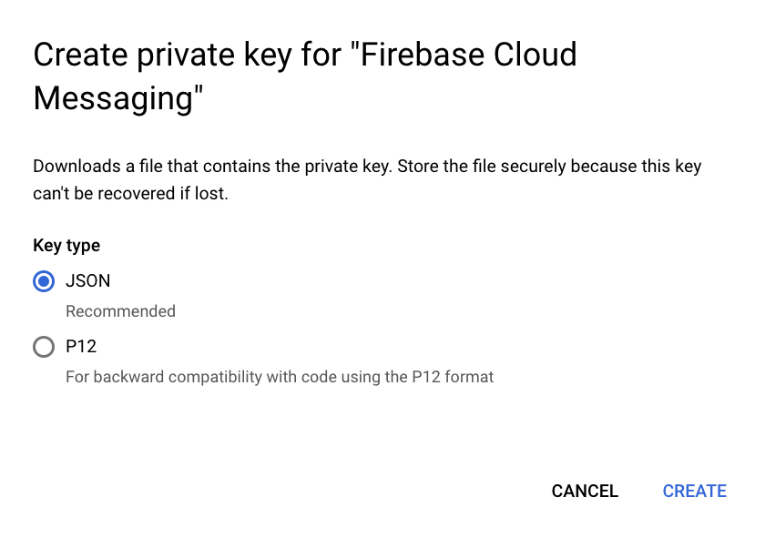 The form for creating a private key with "JSON" selected.