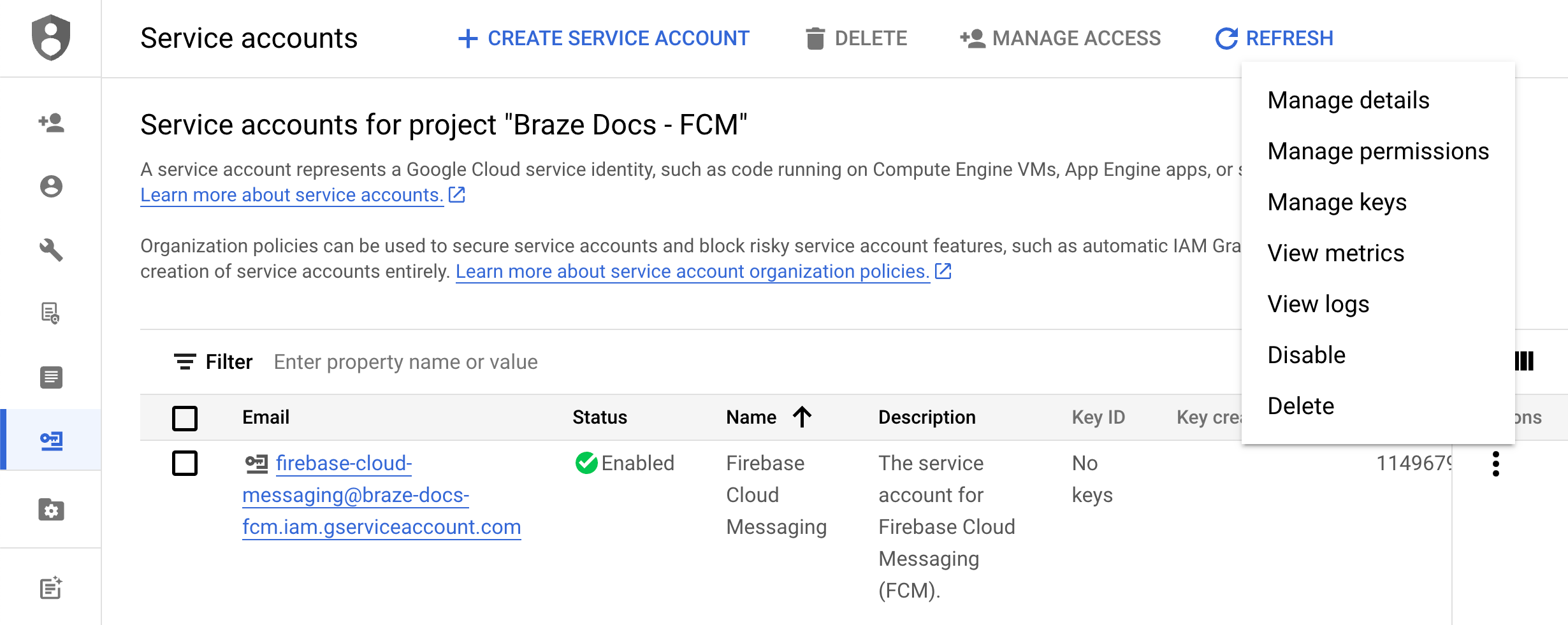 The project's service account homepage with the "Actions" menu open.