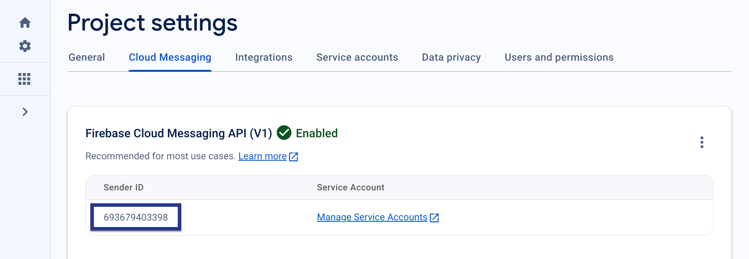 The Firebase project's "Cloud Messaging" page with the "Sender ID" highlighted.