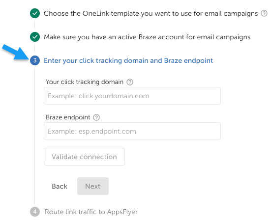 A interface do usuário do Appsflyer destaca onde os clientes devem adicionar seu domínio de rastreamento de cliques e detalhes associados.