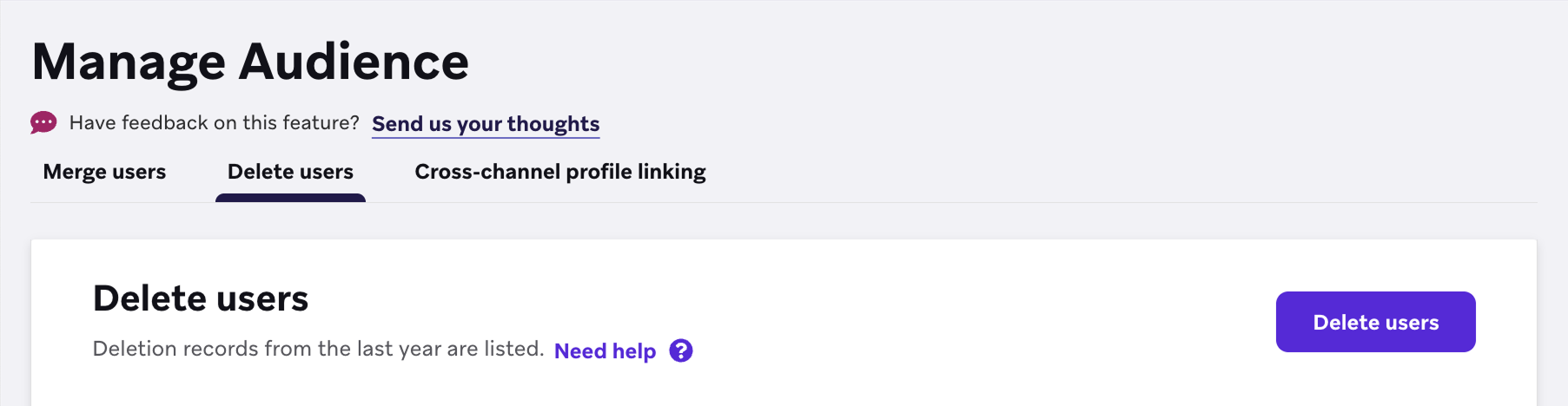 A guia "Delete Users" (Excluir usuários) na seção "Manage Audience" (Gerenciar público) do dashboard do Braze.