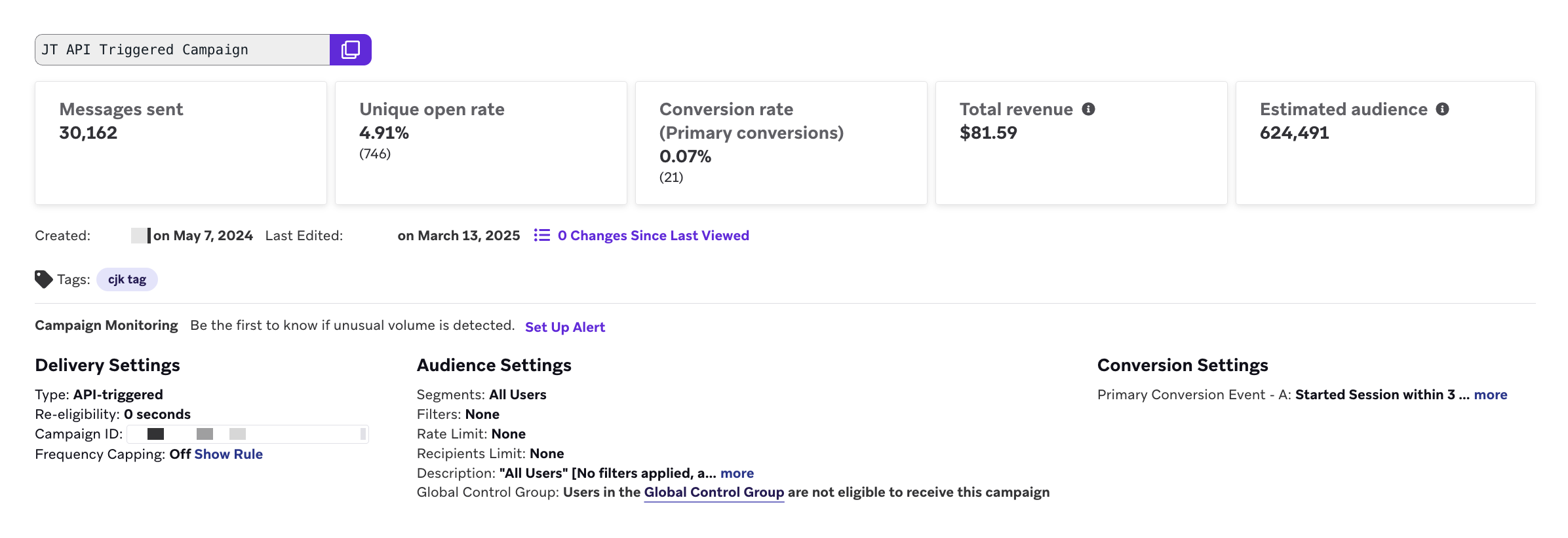 Painel de Detalhes da Campanha com uma visão geral das métricas usadas para determinar o desempenho da campanha.