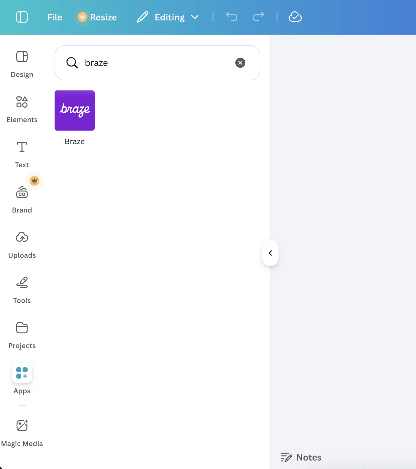 App da Braze no menu Apps do Canva.