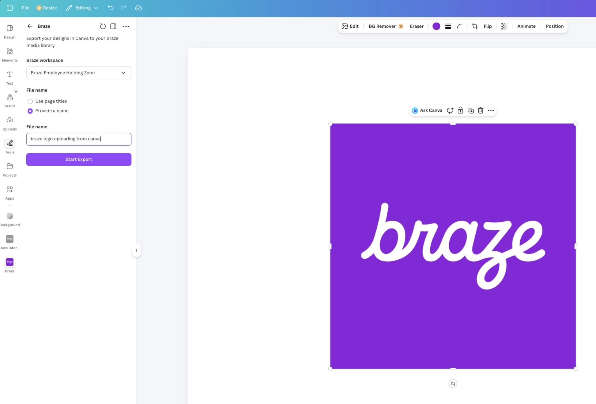 Tela de exportação do Canva com espaço de trabalho de destino e botão Start Export.