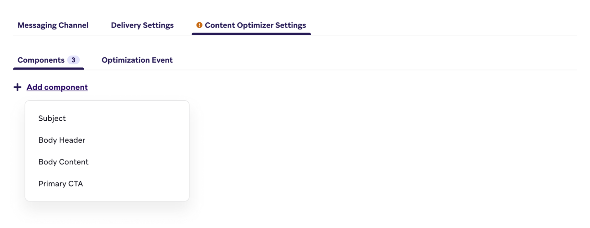 Opções para adicionar e configurar componentes de conteúdo na interface do Content Optimizer. A interface exibe componentes selecionáveis, como Assunto, Cabeçalho do corpo, Conteúdo do corpo e CTA principal, cada um com campos para inserir diferentes variantes.