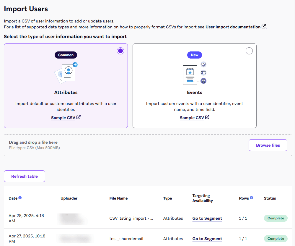 A página "Importar usuários" no dashboard do Braze.