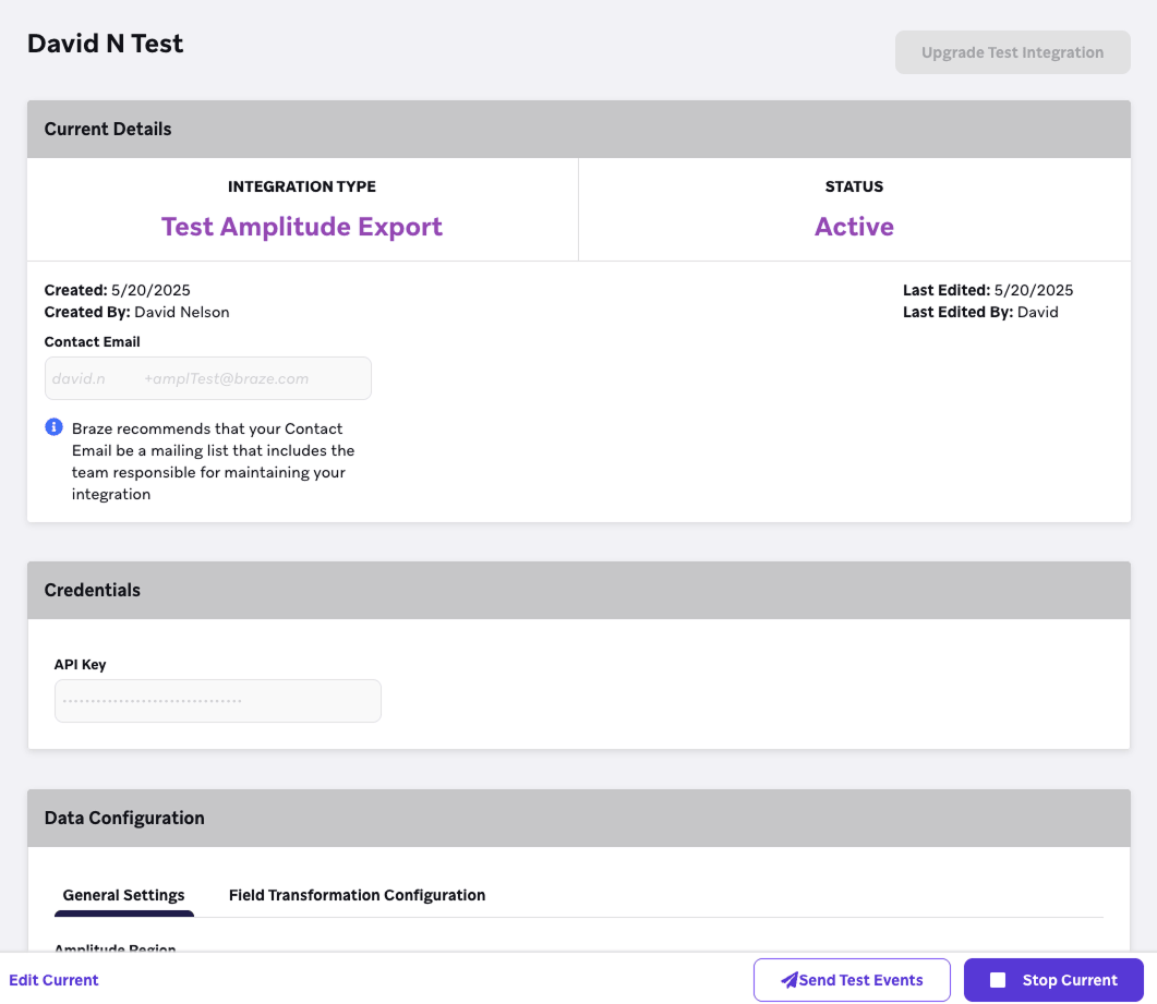 A página "Currents Test" (Teste de correntes) no dashboard do Braze.