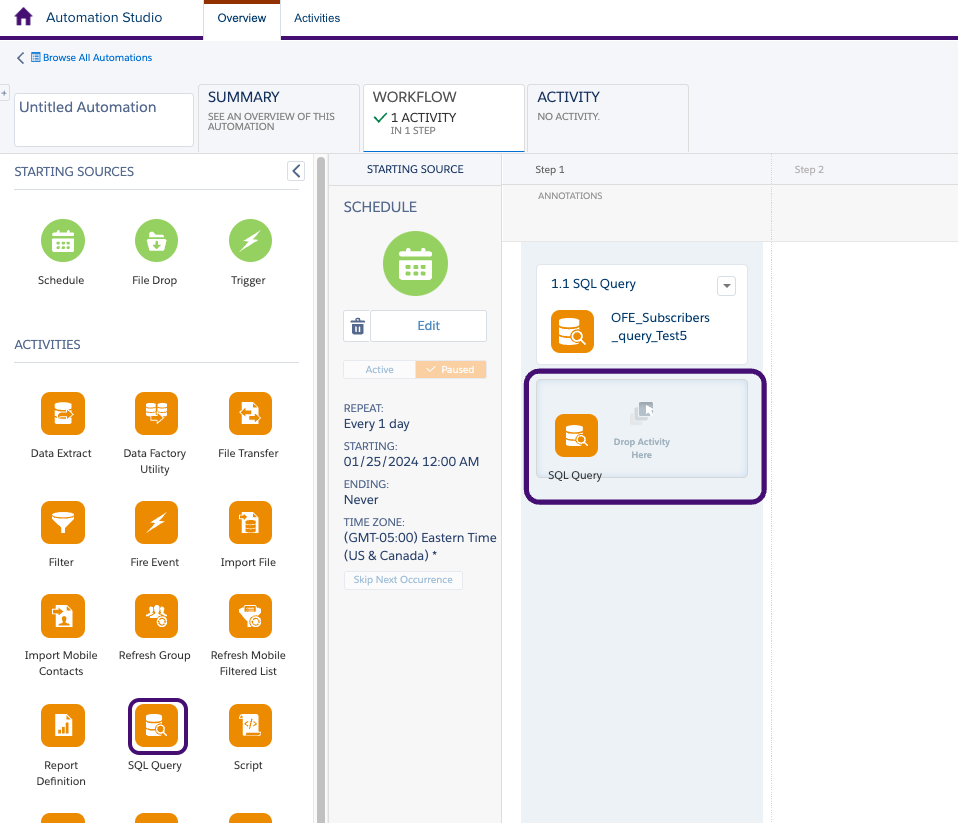 "Consultas de SQL" adicionadas como uma atividade no Journey.