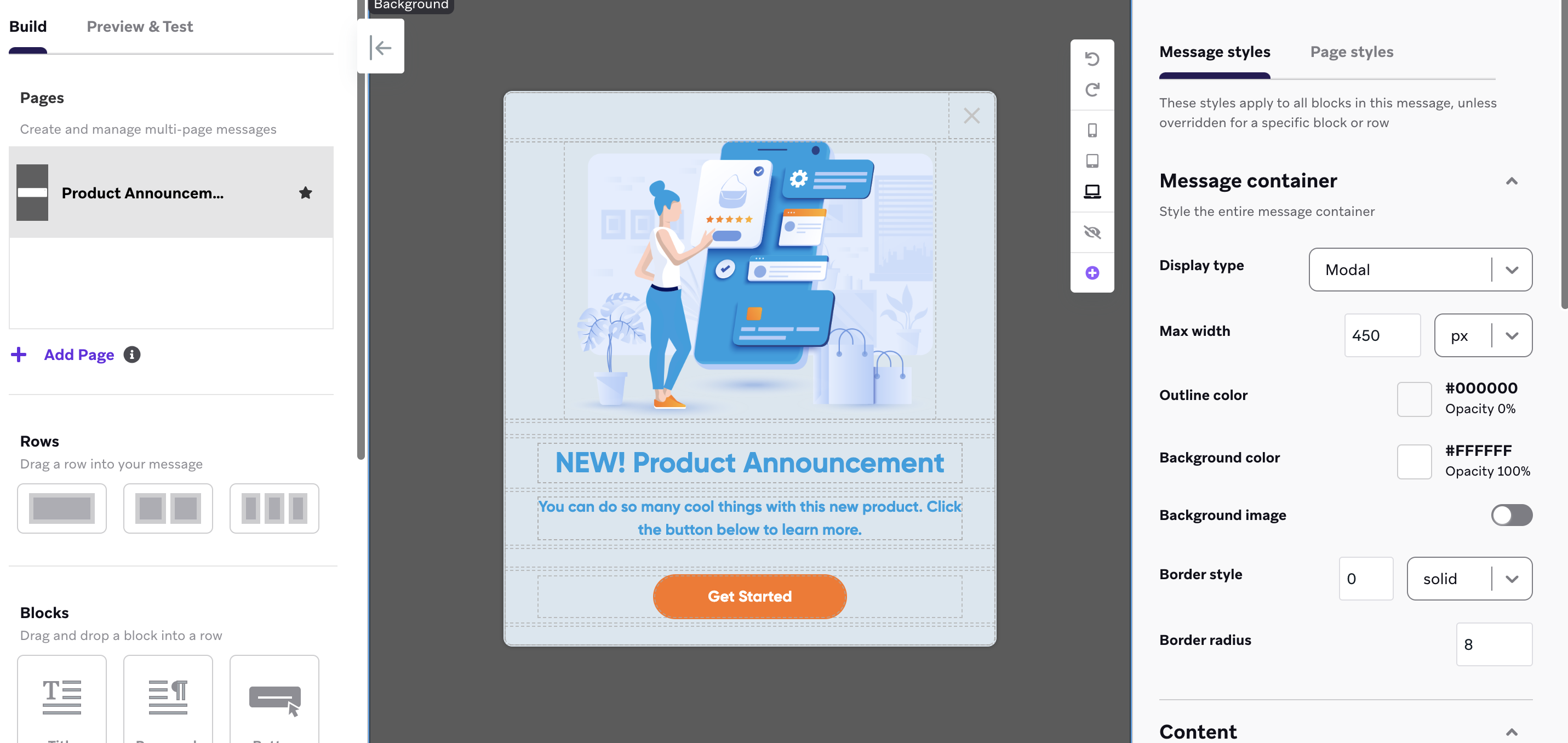 O editor de mensagens no app com o modelo para um anúncio de produto.