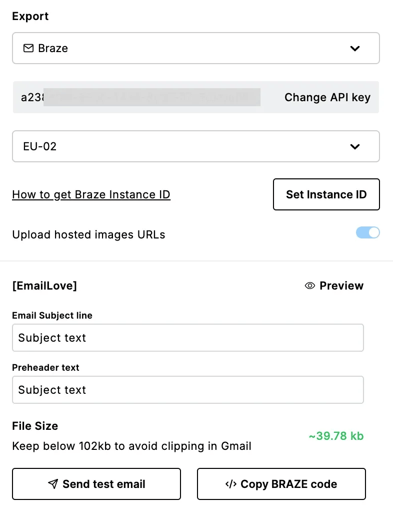 Exportação de um modelo para o Braze a partir do plug-in Email Love.