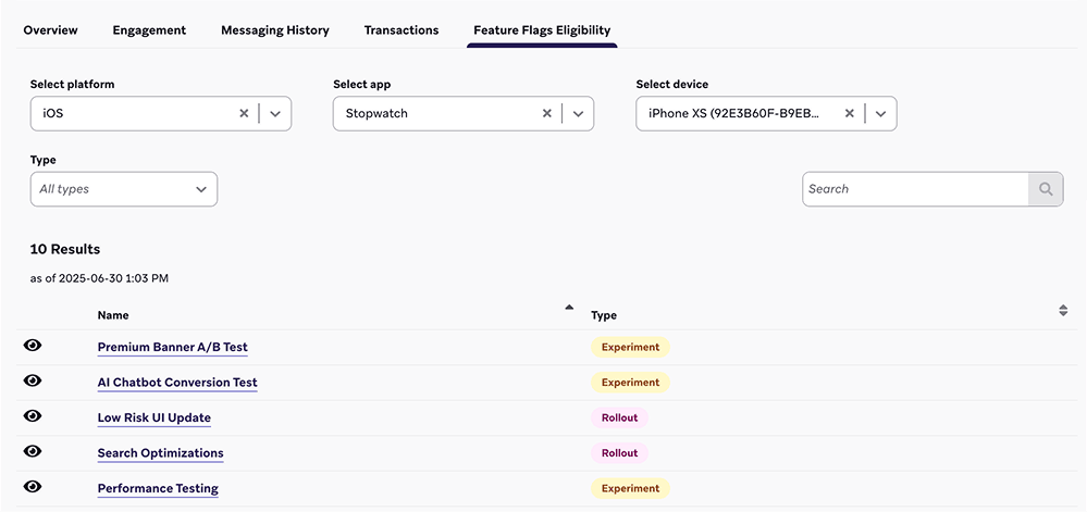 Uma imagem que mostra a tabela de sinalizadores de recursos para os quais um usuário é elegível.