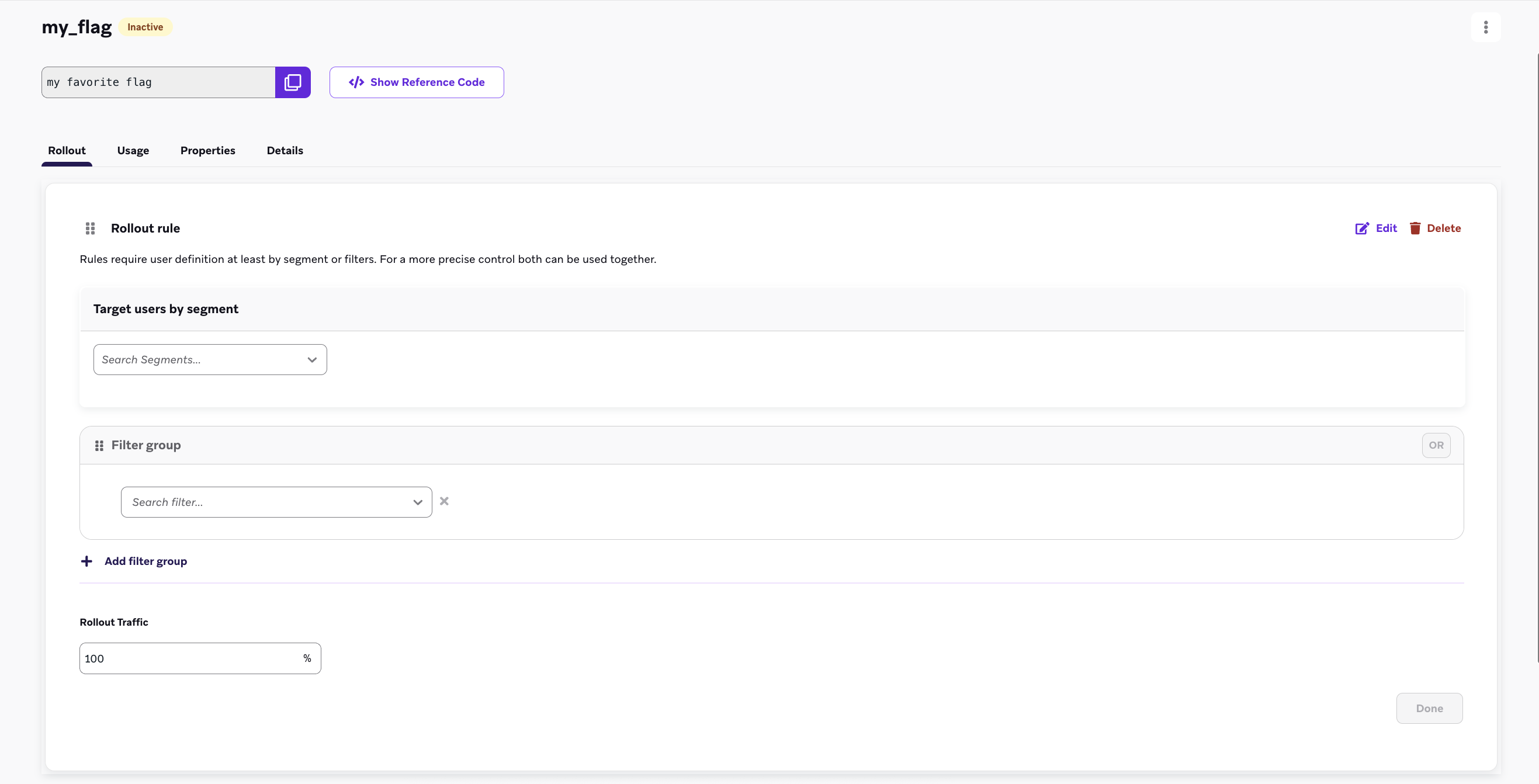 Uma caixa de texto denominada Rollout Traffic com a capacidade de adicionar segmentos e filtros.