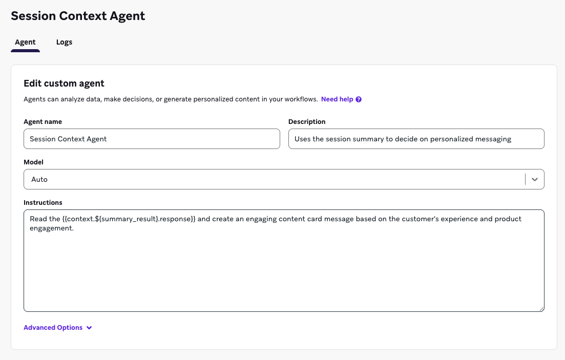 Captura de tela do criador de contexto do Braze Agent com o prompt
