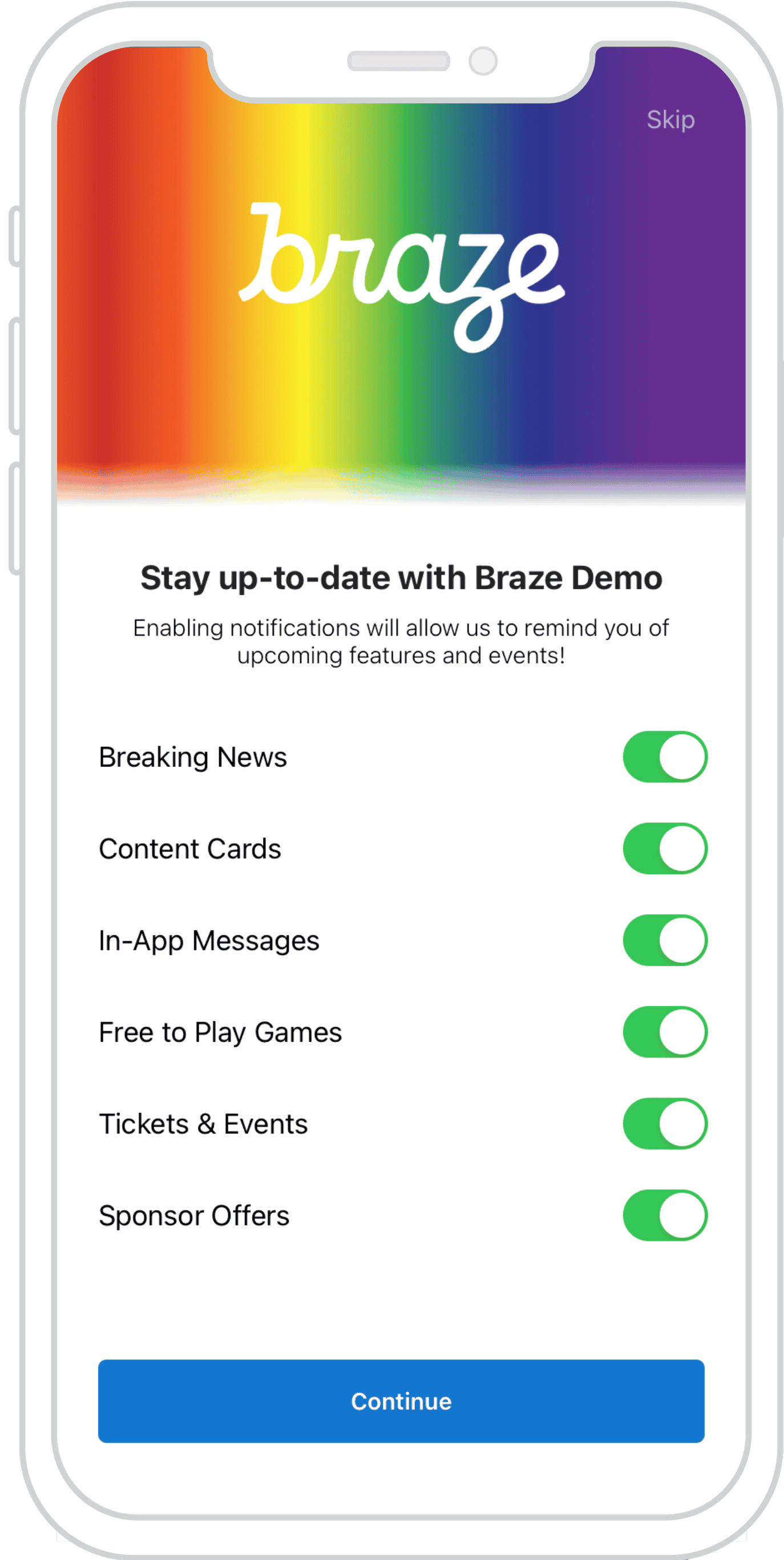 Uma mensagem no app que exibe uma lista de opções de configuração com opções de alternância ao lado de cada opção. Na parte inferior da mensagem, há um grande botão azul de envio.