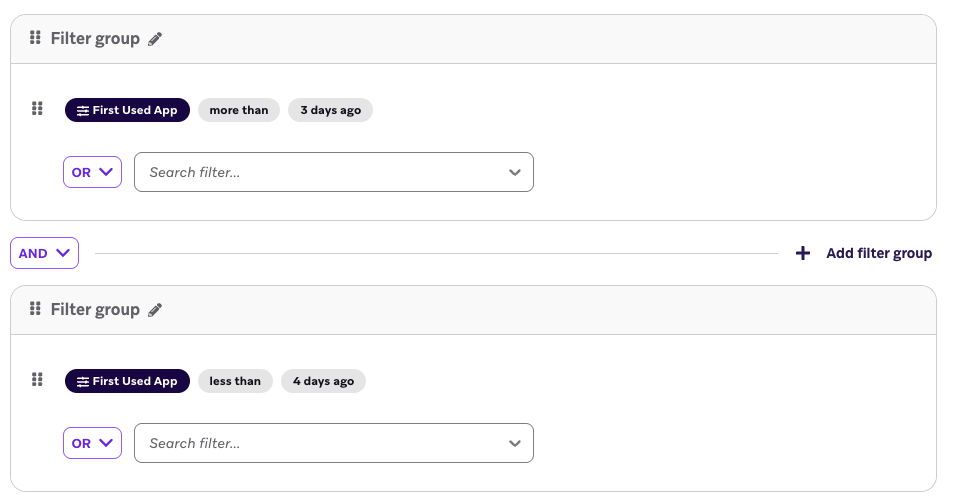 Filtros para o público-alvo em que a campanha direciona os usuários que usaram o app pela primeira vez entre 1 e 4 dias atrás.