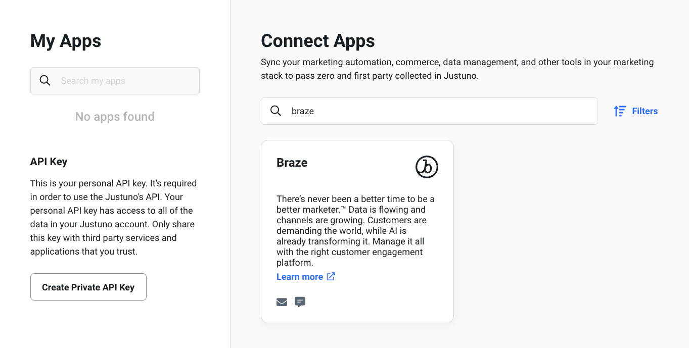 A página "Connect Apps" (Conectar aplicativos) no Justuno com o aplicativo Braze mostrado na lista de resultados de pesquisa.
