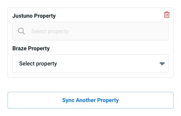 O app Braze foi aberto em um fluxo de trabalho Justuno mostrando a opção "Sync Another Property" (Sincronizar outra propriedade).