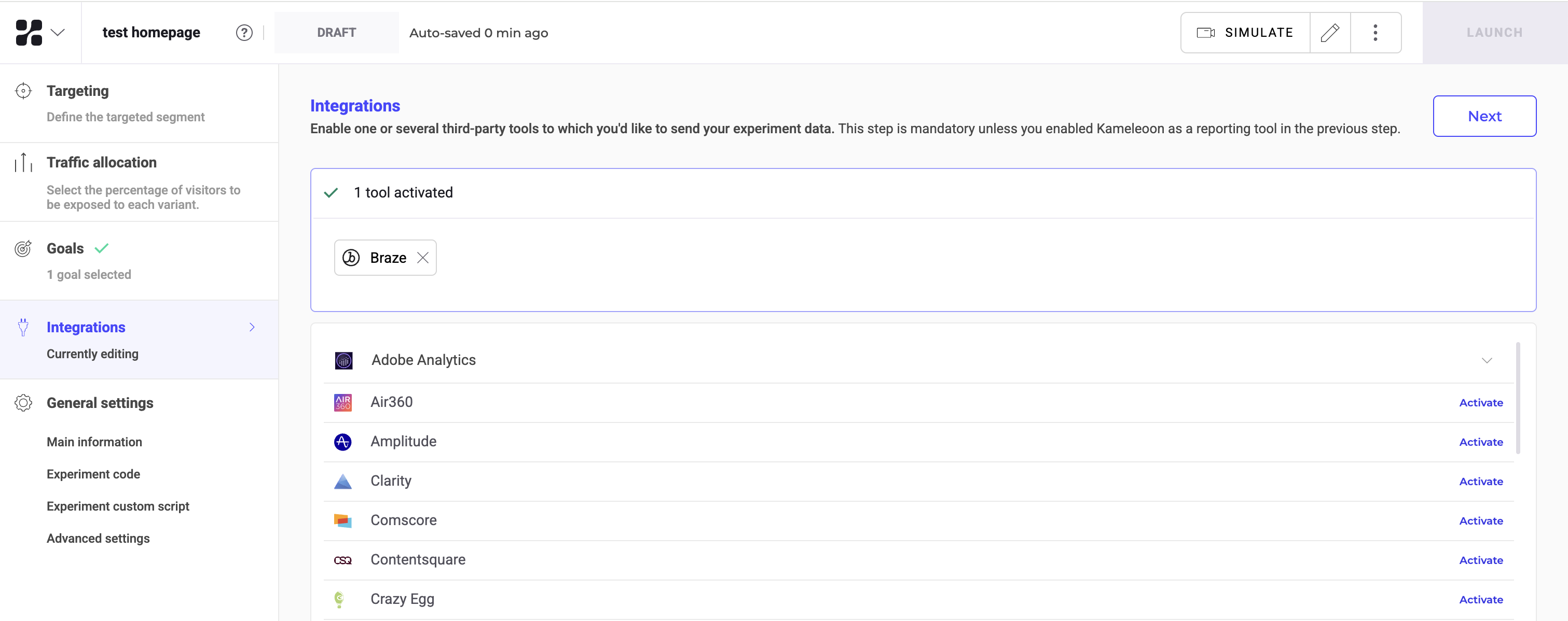 O dashboard Integrations (Integrações) no Kameleoon mostra todas as integrações disponíveis, incluindo a integração ativa Braze.