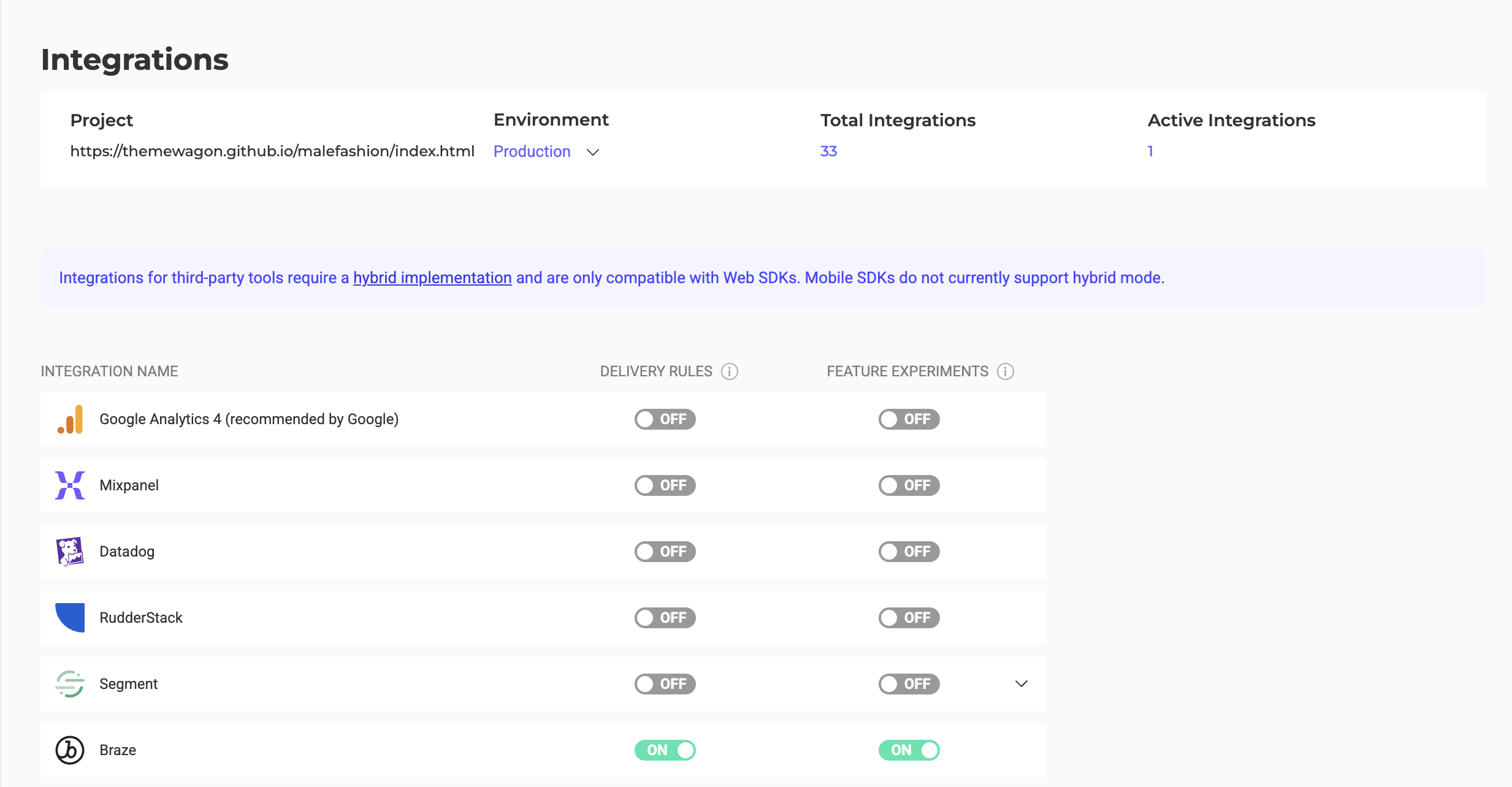 A página Feature Flag no Kameleoon com as integrações disponíveis. Há dois switches para cada parceiro, "Regras de entrega" e "Experimentos de recursos".