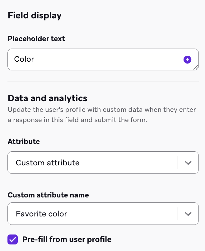 Configurações do campo de formulário da landing page mostrando a opção de pré-preencher a partir dos dados do perfil de usuário.