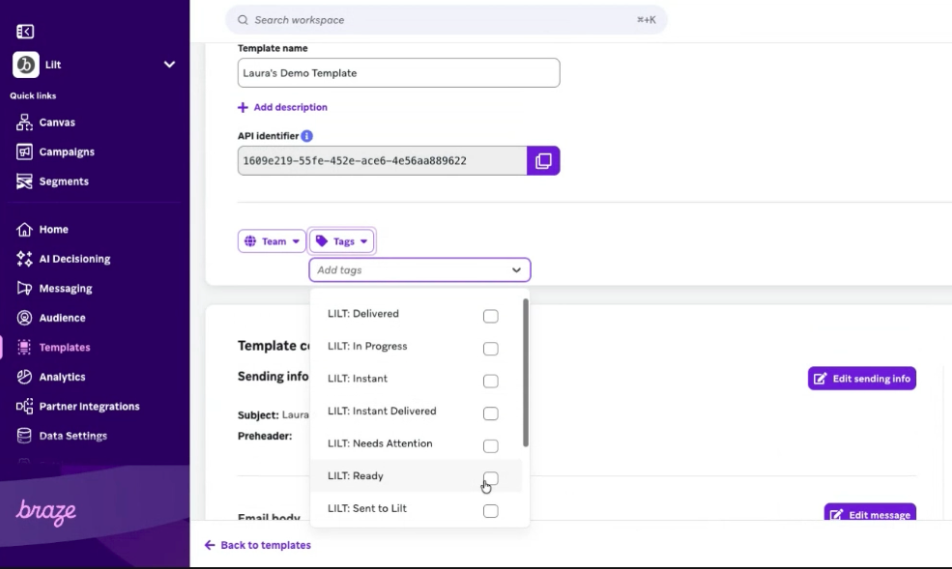 Configure as tags LILT no Braze.