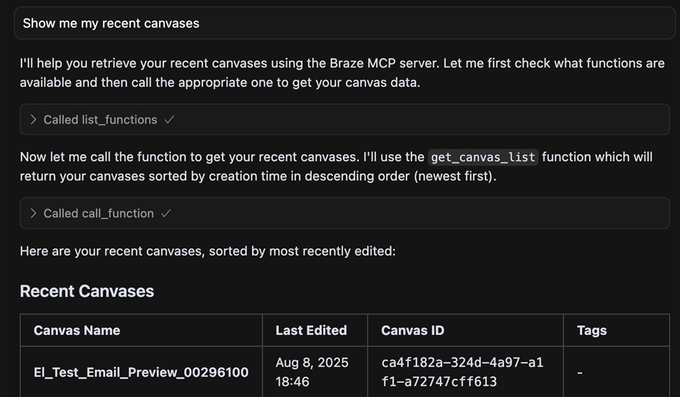 'Show my recent canvases' being asked and answered in Cursor.