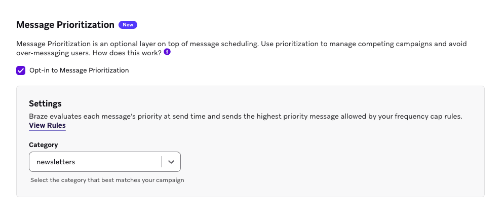O menu suspenso de categoria da Priorização de Mensagens nas configurações de entrega de uma Campaign.