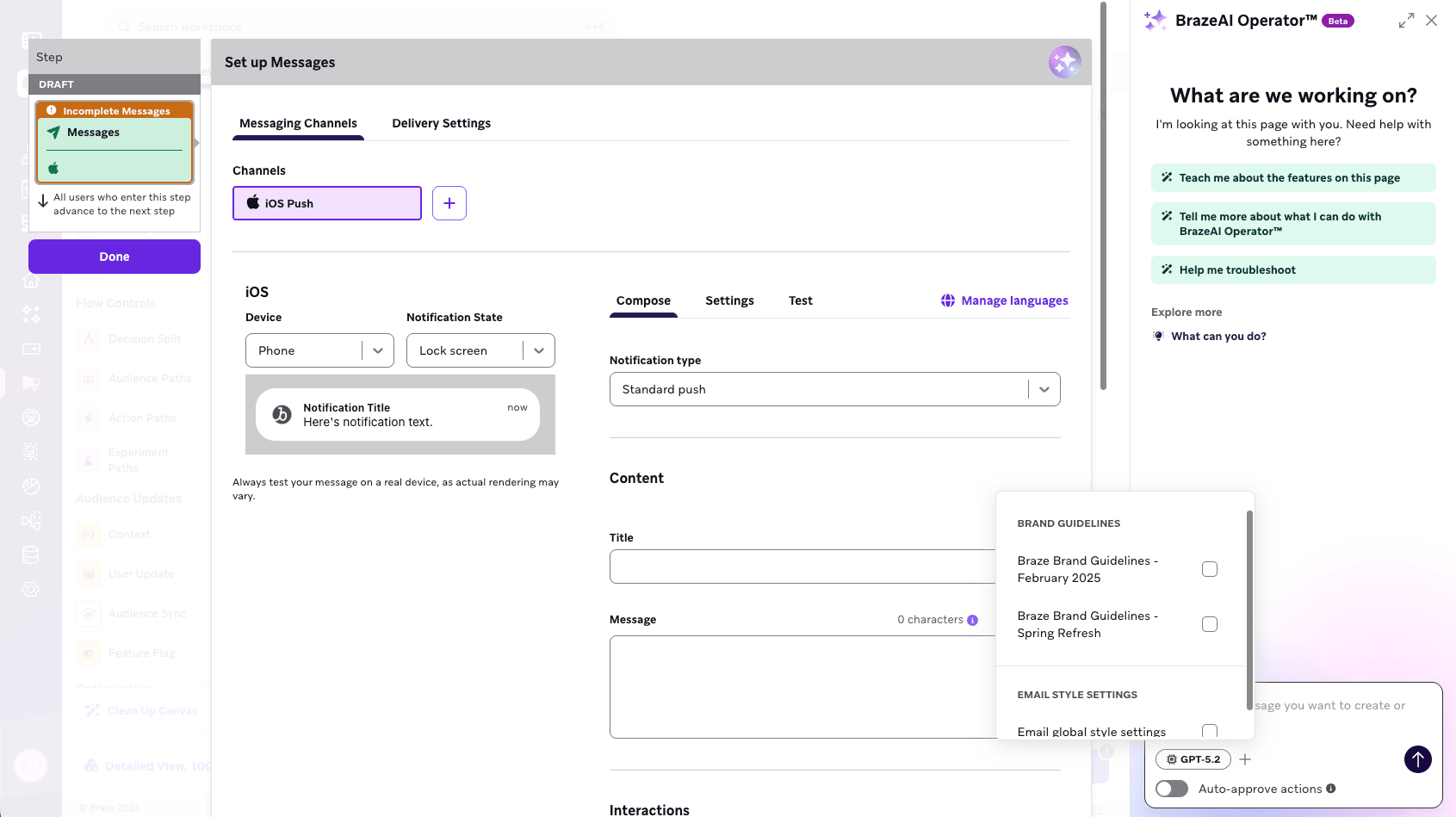 Seleção de diretrizes de marca no painel de chat do Operator.