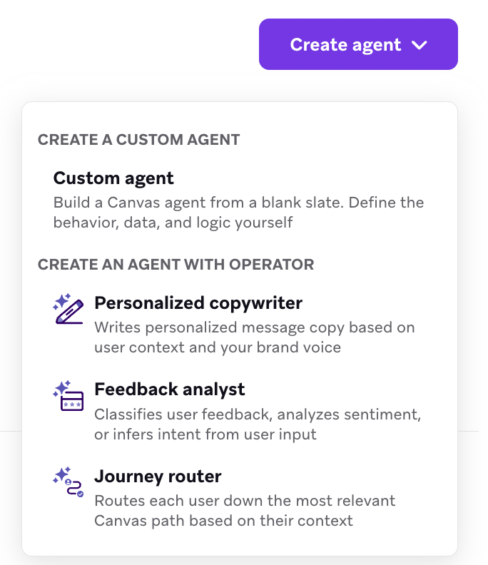O menu Criar agente, mostrando a opção Agente personalizado e modelos de agente criados pelo Operator.