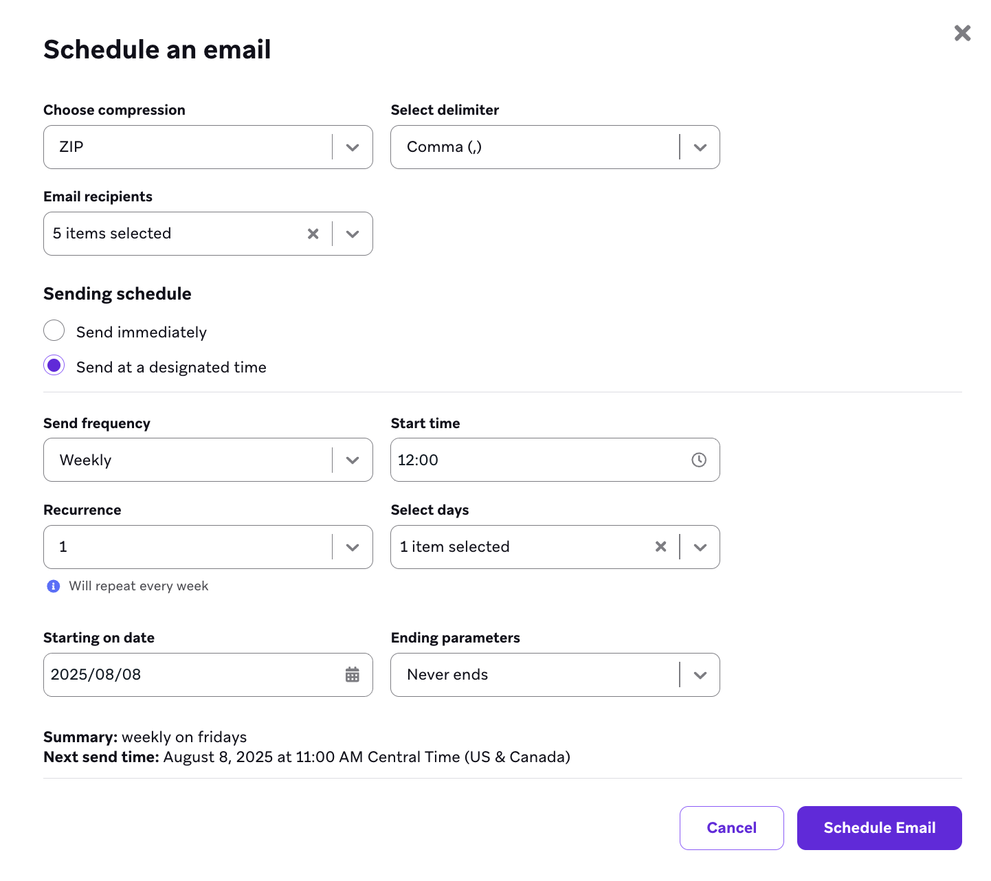 Janela "Agendar um e-mail" com campos para escolher como o relatório será formatado, quem deverá recebê-lo e quando deverá ser enviado.