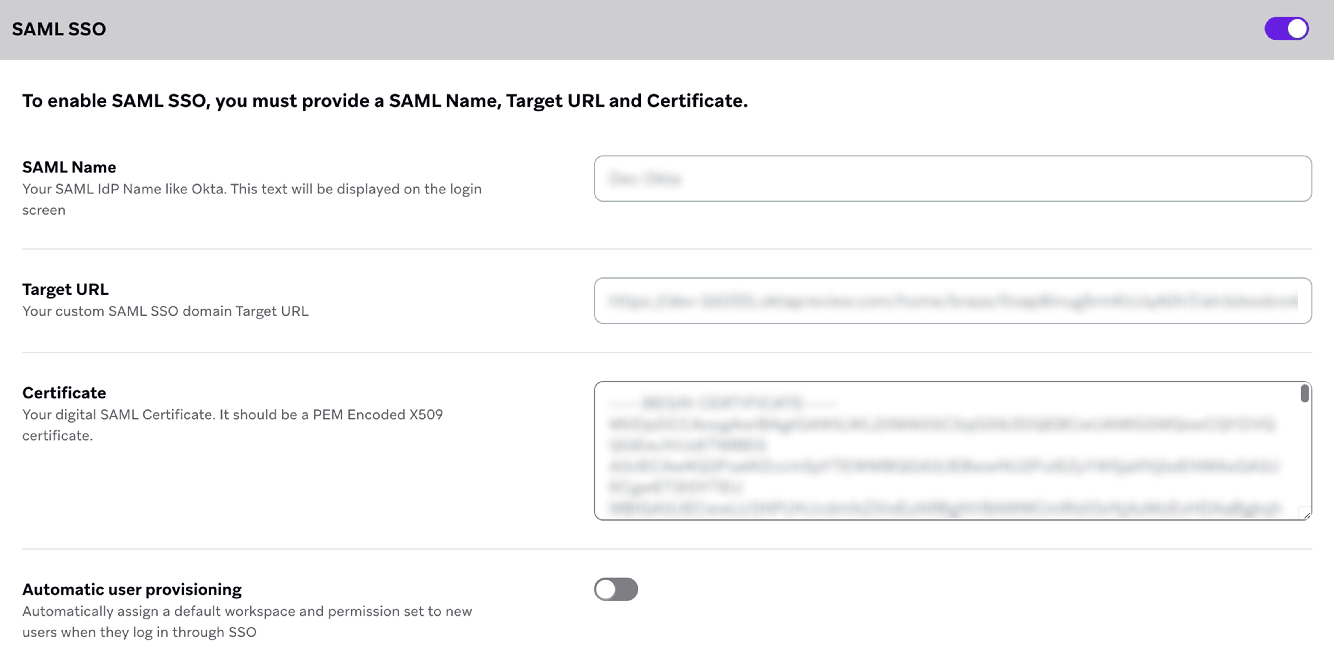 Configurações SAML SSO com o toggle selecionado.
